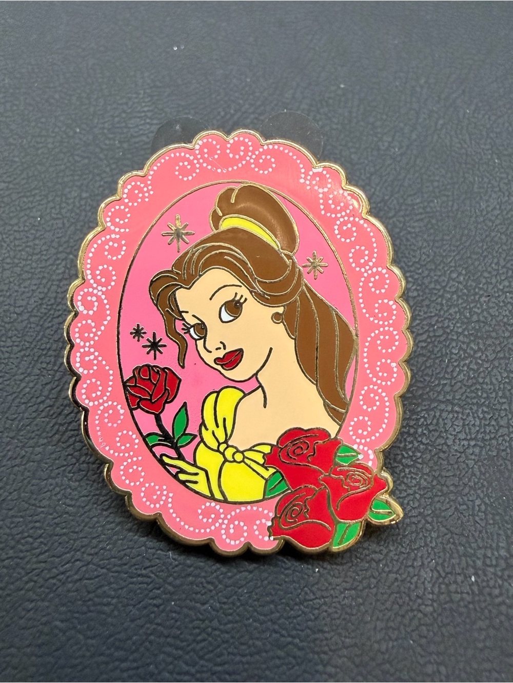 Disney Belle Pink and Yellow Enamel pin with Red Rose Accents